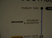 Sign at Finsbury Park station which puts Highbury and Islingtons station on the Northern Line