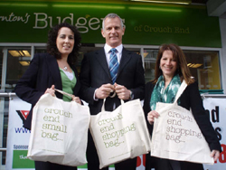 Lynne Featherstone, Brian Paddick and Monica Whyte promote a green alternative to plastic bags