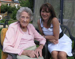 Lynne Featherstone with Ivy Smith at Abbeyfield Strawberry Tea