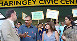 Robert Gorrie and Lynne Featherstone with protestors outside Haringey Civic Centre