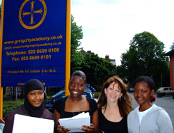 Lynne Featherstone with Inas Himedan, Taimmy Hango and Janet Kanyange outside Greig Academy