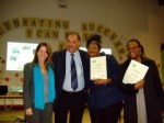 Lynne Featherstone MP with 5E director Raj Doshi and students Rachel Williams and Pauline Bailey celebrating the recent Beacon Award, Selby Centre, October 2009