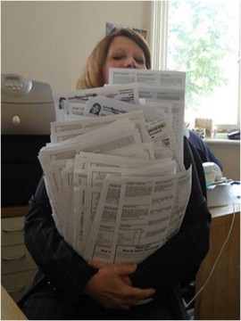 Lynne Featherstone with residents surveys