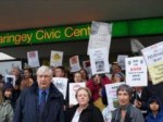 (from left to right) Cllr Jim Jenks, Dawn Barnes (Enfield Liberal Democrats) and Cllr Juliet Solomon with the Pinkham Way protestors on the steps of Wood Green Civic Centre on 18th July 2011