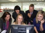 with from the left and back Lynne Featherstone, Sue Welsh from the National Apprenticeship Service, Paul Head, Principal at the College, by the computer Bianca Pierre, and on the phone, Louise Lever. with from the left and back Lynne Featherstone, Sue Welsh from the National Apprenticeship Service, Paul Head, Principal at the College, by the computer Bianca Pierre, and on the phone, Louise Lever.