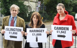 Councillor David Winksill, Lynne Featherstone MP and activist Jenni Hollis at the Junction of Hornsey Lane and Highgate Hill –where the boroughs of Haringey, Islington and Camden meet. The picture demonstrates the amount the respective borough receive per resident for 2012/13.