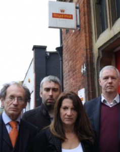 Harringay Cllr David Schmitz, Haringey Lib Dem Leader Cllr Richard Wilson, Lynne Featherstone MP, and local activist Viv Ross outside Hornsey sorting office on Tottenham Lane, N8.