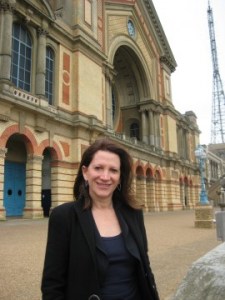 Lynne Featherstone MP at Alexandra Palace, with the television tower in the background