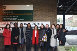 Lynne Featherstone, with Ben Simms, Director, UK AIDS Consortium and other meeting participants outside the Winkfield Centre, Winkfield Road N22