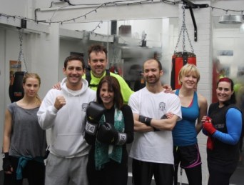 Lynne Featherstone MP at Total Boxer, with owner Matt Garcia and customers