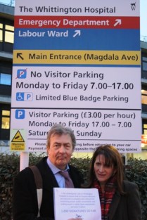 Lynne Featherstone MP and Cllr David Winskill (Haringey Liberal Democrat spokesperson for Health) outside the Whittington hospital with the Liberal Democrat petition. 