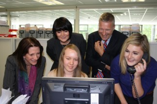 Lynne Featherstone MP on apprenticeship visit to Queenswoods GP practice, here with Sue Welsh from the National Apprenticeship Service, Paul Head from College of Haringey and the two apprentices Bianca and Louise, Crouch End, in June 2011