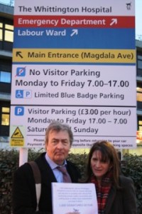 Lynne Featherstone MP and Cllr David Winskill (Haringey Liberal Democrat spokesperson for Health) outside the Whittington hospital with the Liberal Democrat petition.