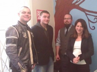  Lynne Featherstone MP with Stonewall Housing Chief Executive Bob Green, staff member Octavian, and one of the house residents 