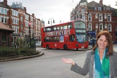 Lynne with approaching W7 bus