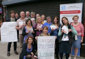 Haringey Liberal Democrat councillors, Helen Baron of the credit union and Lynne Featherstone MP on Muswell Hill Broadway protesting against the opening of a new payday loan company shop