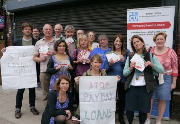 Haringey Liberal Democrat councillors, Helen Baron of the credit union and Lynne Featherstone MP on Muswell Hill Broadway protesting against the opening of a new payday loan company shop