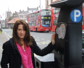 Lynne Featherstone MP at a ticket machine on Muswell Hill Broadway.