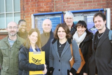 Lynne Featherstone MP and local campaigners celebrate the new campaign with local residents.