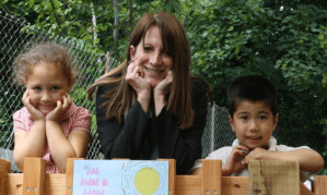 Lynne Featherstone MP with two school children in the Sensory Garden at St Paul’s Primary School