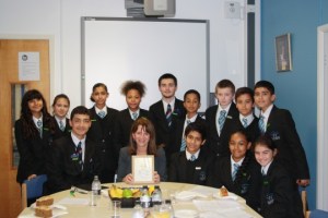 Lynne Featherstone MP with the Woodside High school children, and the picture they presented her. 