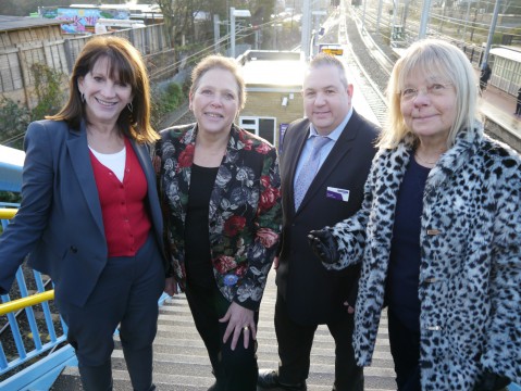 Lynne Featherstone MP with Baroness Kramer, a representative from Great Northern rail, and Haringey Lib Dem deputy leader, Cllr Gail Engert, at Alexandra Palace station.