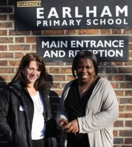 Lynne Featherstone MP and Earlham Head Teacher Oweda Harrison, outside Earlham Primary, Wood Green