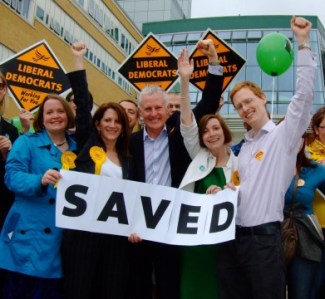 Lynne Featherstone and Norman Lamb  celebrate the Whittington A&E being saved from the Labour Government's planned closure